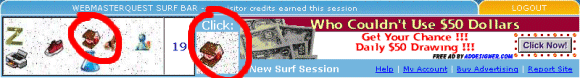 A screen capture of the WebMasterQuest surf bar, with full statistics, administration options, advanced anti-cheating technology, and rotating member banners ...
